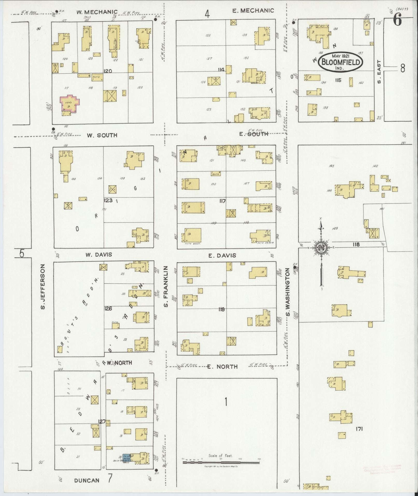 Sanborn Fire Insurance Map from Bloomfield, Greene County, Indiana (1921), Sheet #0006 - Complete Map Set gallery image, historic Sanborn map, vintage wall art, Indiana Indiana