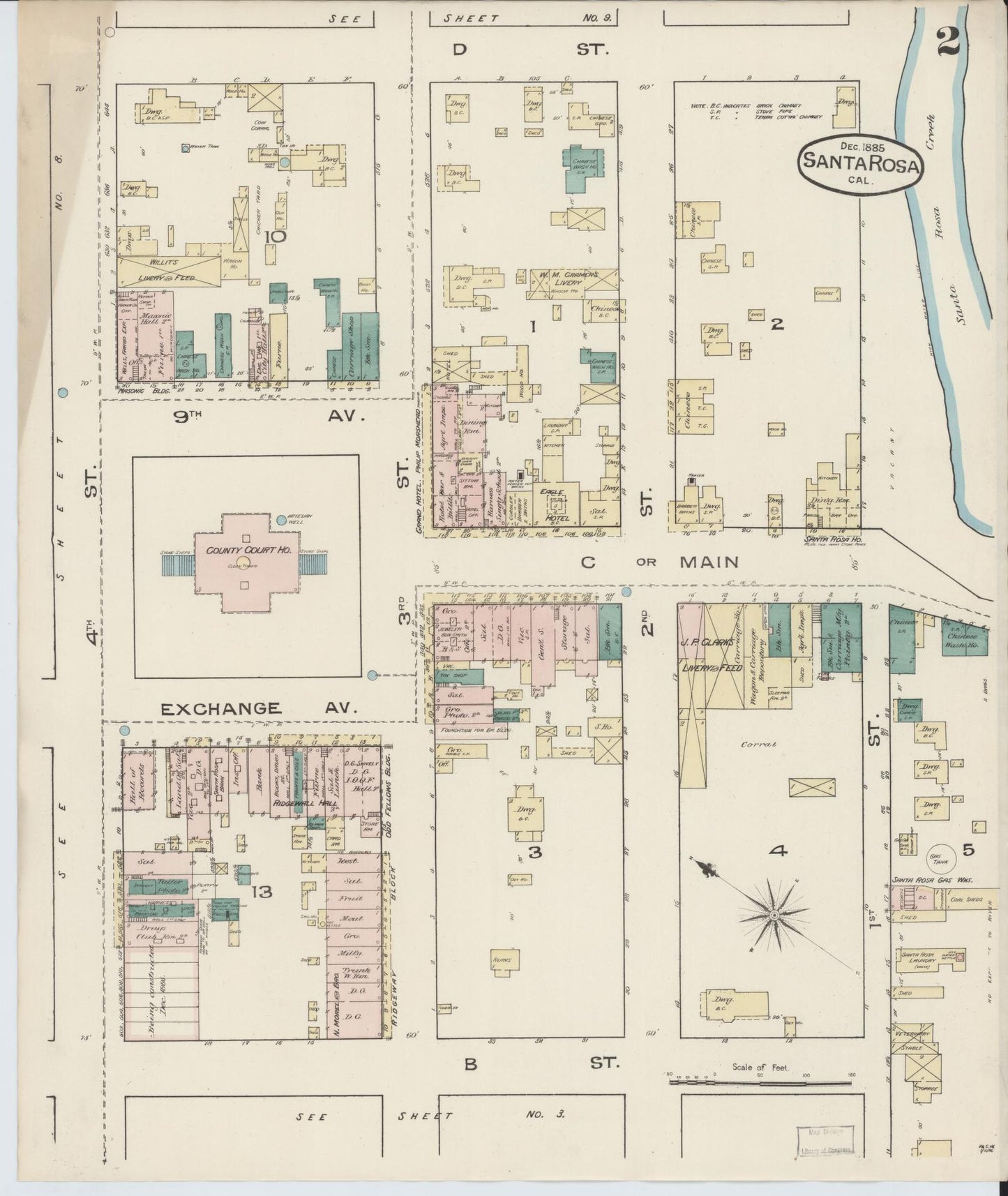 Sanborn Fire Insurance Map from Santa Rosa, Sonoma County, California (1885), Sheet #0002 - Complete Map Set gallery image, historic Sanborn map, vintage wall art, California California