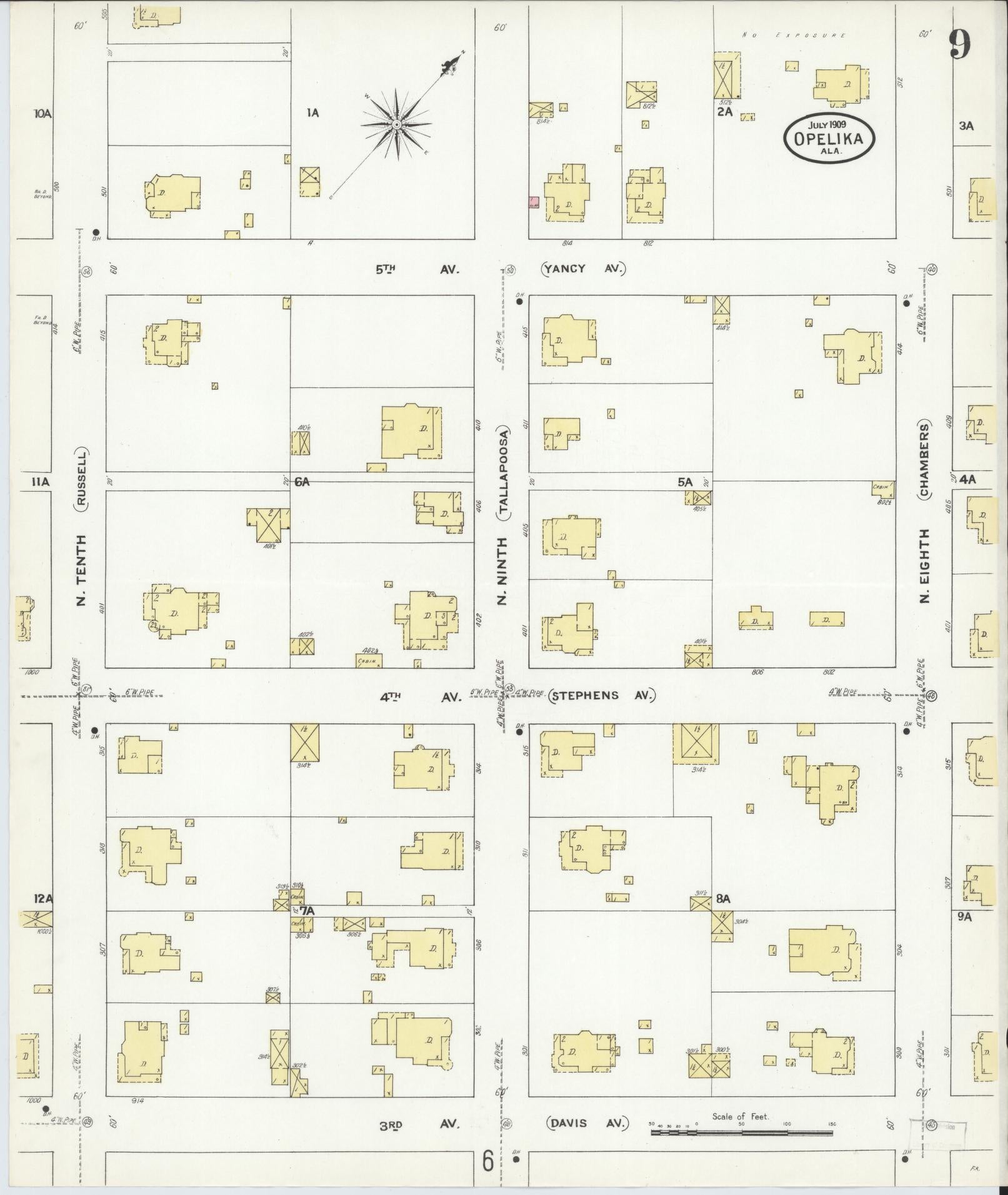 Sanborn Fire Insurance Map from Opelika, Lee County, Alabama (1909), Sheet #0009 - Complete Map Set gallery image, historic Sanborn map, vintage wall art, Alabama Alabama