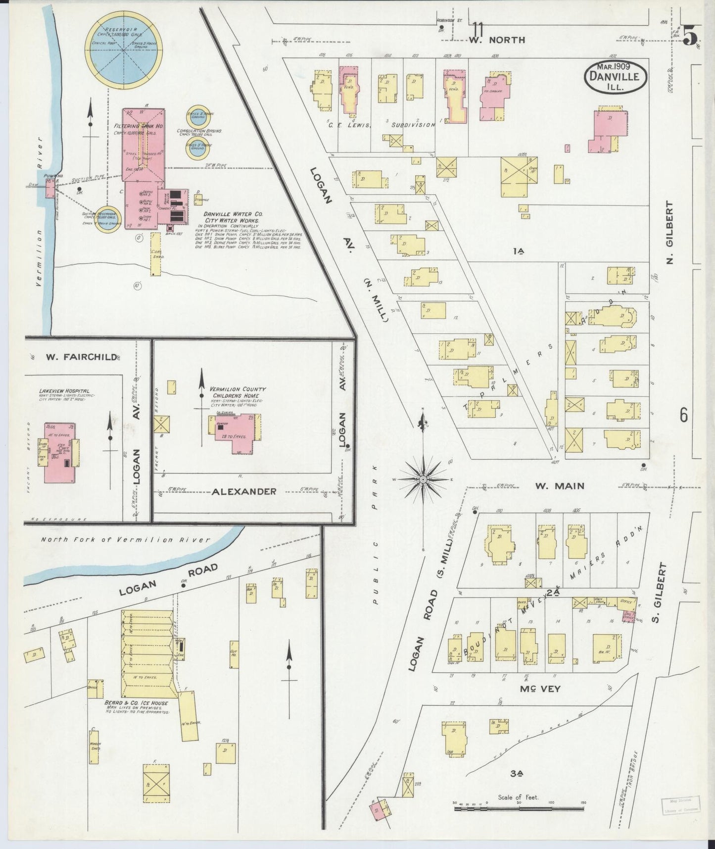 Sanborn Fire Insurance Map from Danville, Vermilion County, Illinois (1909), Sheet #0005 - Historic Sanborn Fire Insurance Map Print, vintage old map wall art, antique decor, genealogy gift, Illinois Illinois map