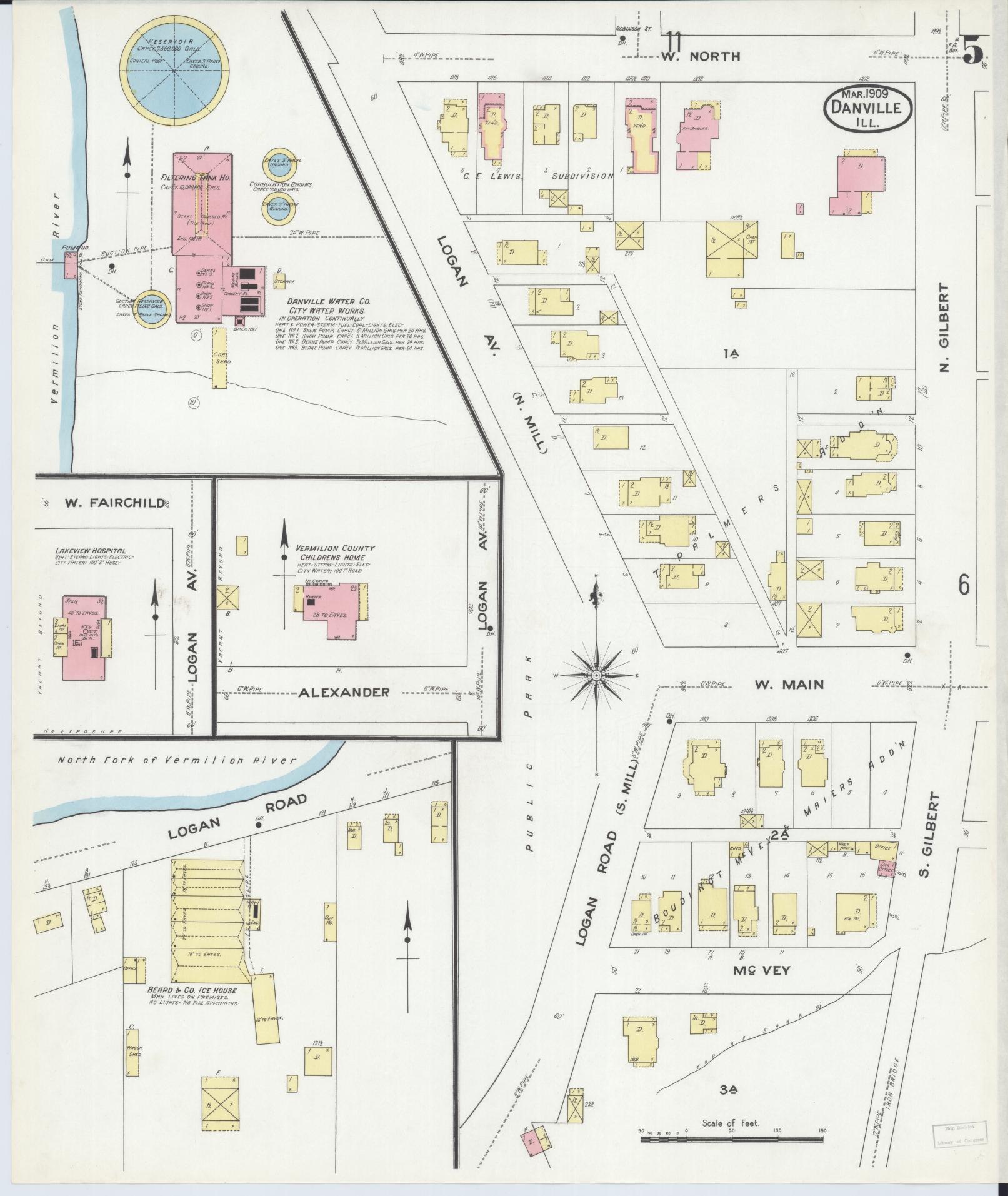 Sanborn Fire Insurance Map from Danville, Vermilion County, Illinois (1909), Sheet #0005 - Historic Sanborn Fire Insurance Map Print, vintage old map wall art, antique decor, genealogy gift, Illinois Illinois map