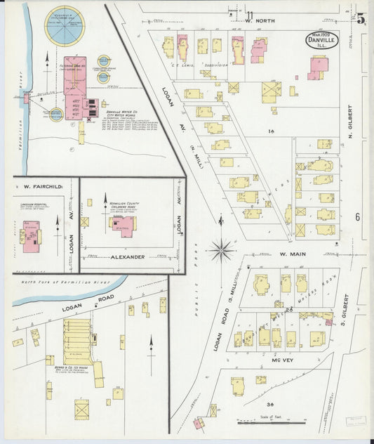 Sanborn Fire Insurance Map from Danville, Vermilion County, Illinois (1909), Sheet #0005 - Historic Sanborn Fire Insurance Map Print, vintage old map wall art, antique decor, genealogy gift, Illinois Illinois map