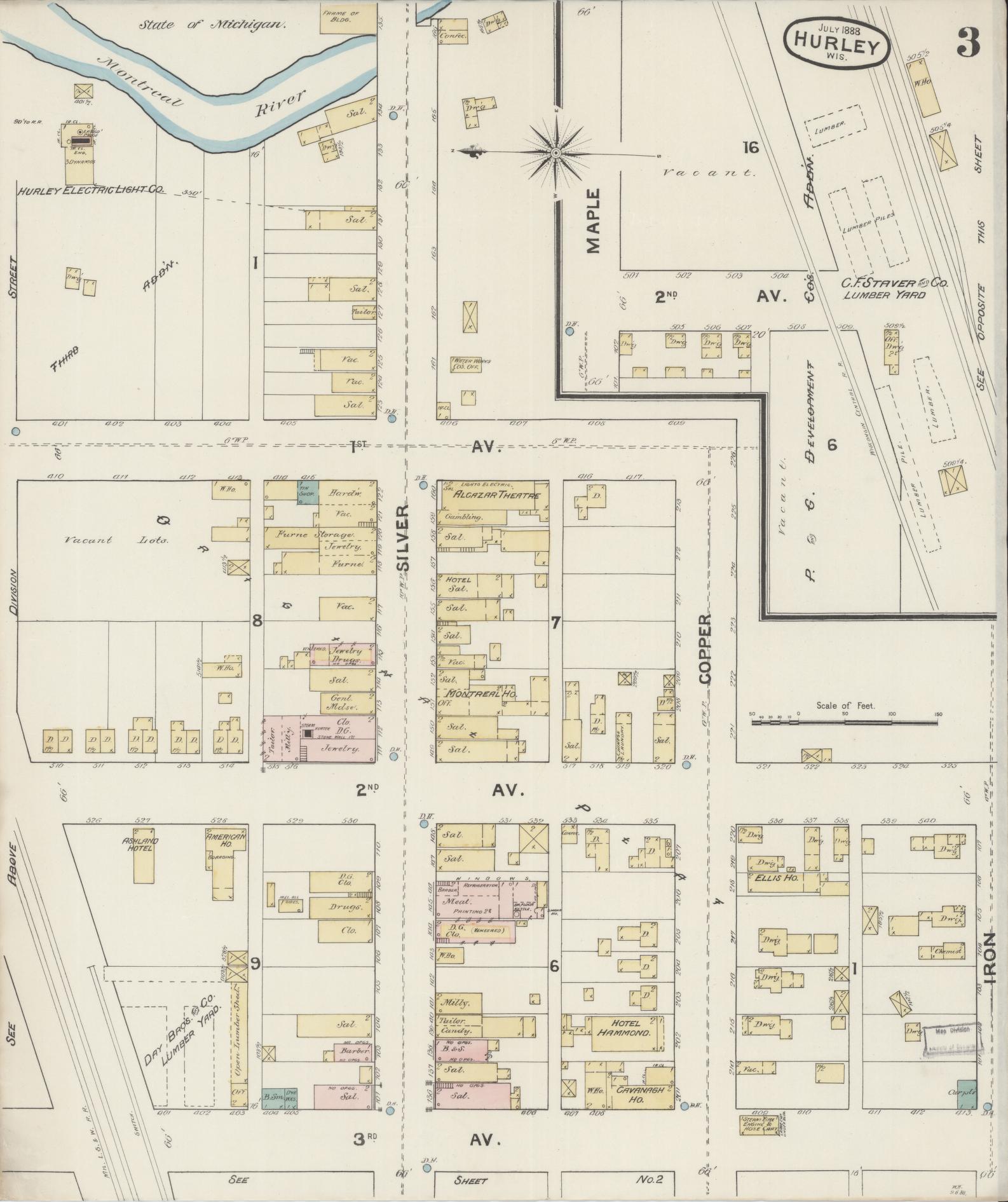 Sanborn Fire Insurance Map from Hurley, Iron County, Wisconsin (1888), Sheet #0003 - Complete Map Set gallery image, historic Sanborn map, vintage wall art, Wisconsin Wisconsin