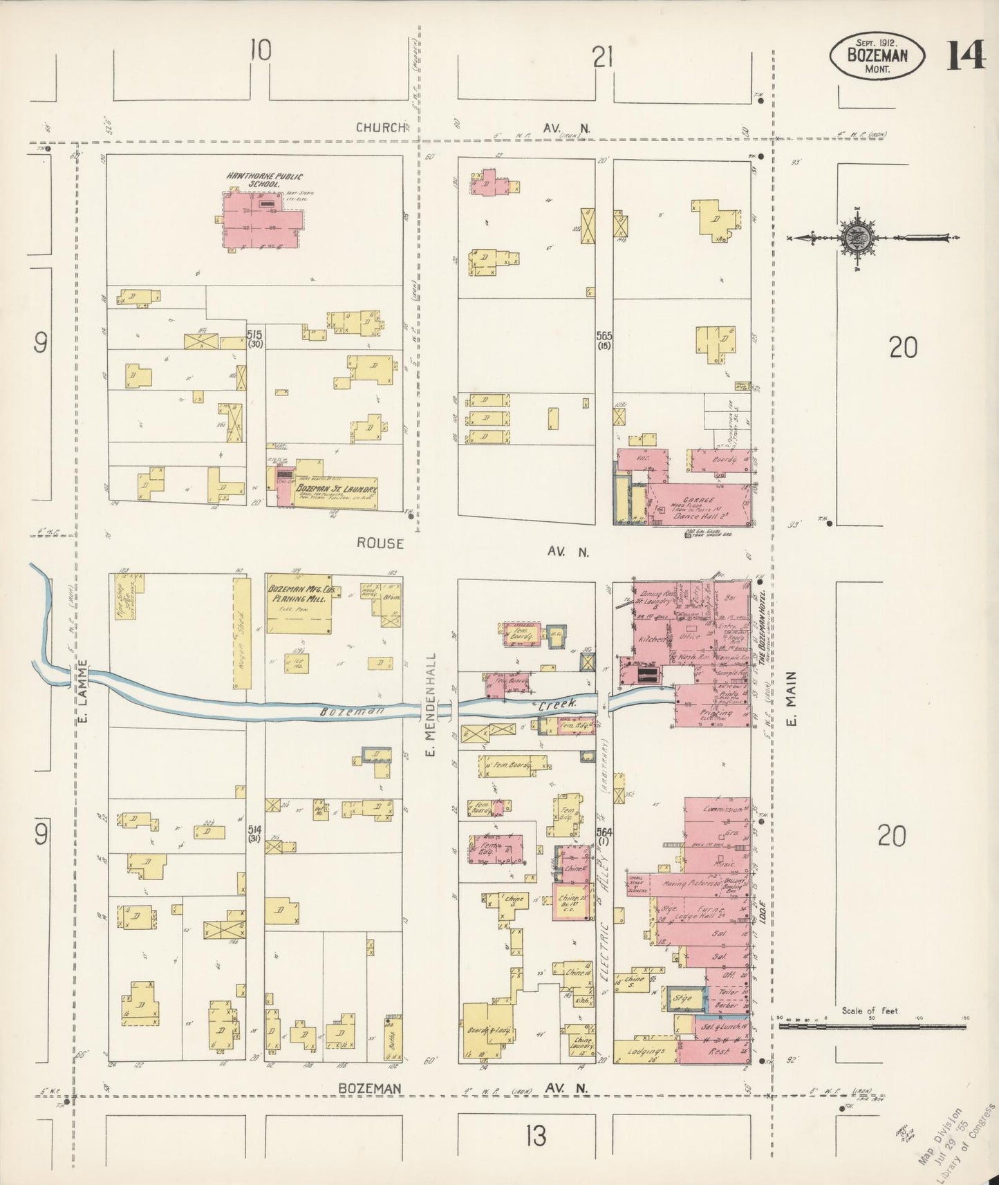 Sanborn Fire Insurance Map from Bozeman, Gallatin County, Montana (1912), Sheet #0014 - Historic Sanborn Fire Insurance Map Print, vintage old map wall art, antique decor, genealogy gift, Montana Montana map