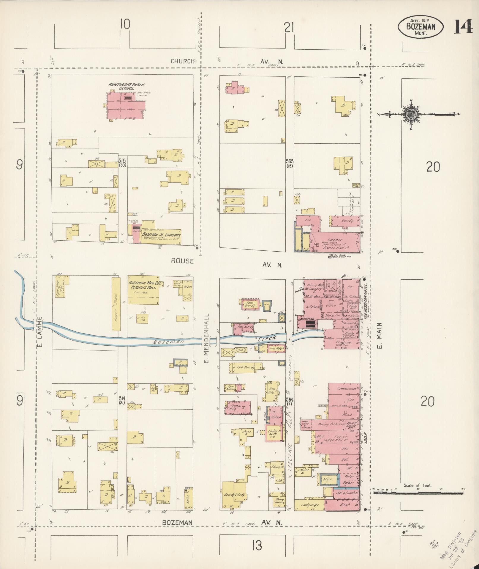 Sanborn Fire Insurance Map from Bozeman, Gallatin County, Montana (1912), Sheet #0014 - Historic Sanborn Fire Insurance Map Print, vintage old map wall art, antique decor, genealogy gift, Montana Montana map