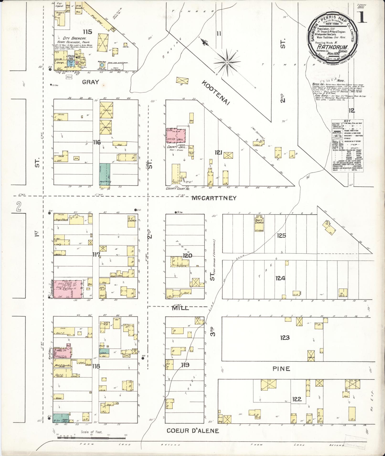 Sanborn Fire Insurance Map from Rathdrum, Kootenai County, Idaho (1892), Sheet #0001 - Complete Map Set gallery image, historic Sanborn map, vintage wall art, Idaho Idaho