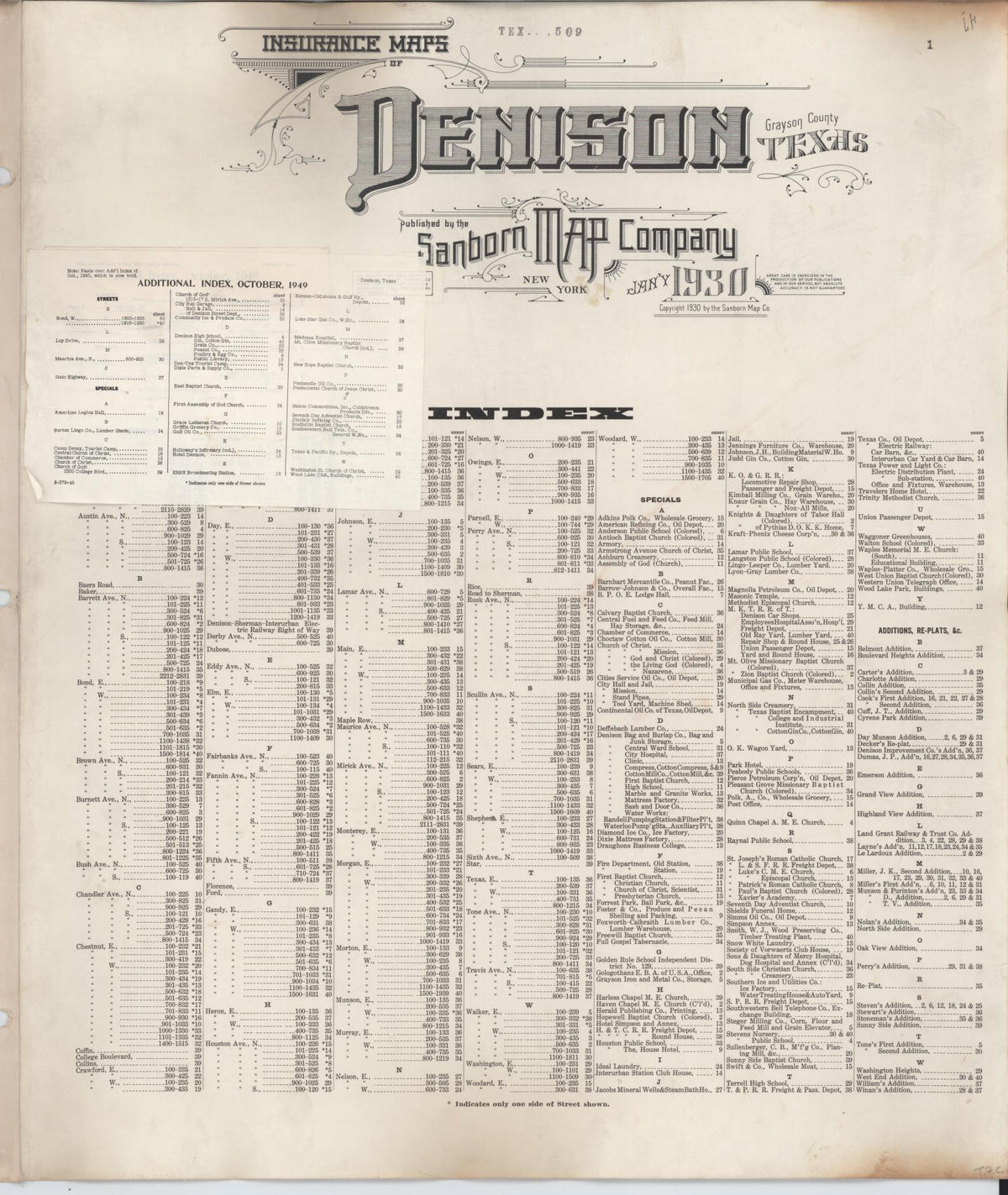 Sanborn Fire Insurance Map from Denison, Grayson County, Texas (1949), Sheet #0001 - Historic Sanborn Fire Insurance Map Print, vintage old map wall art, antique decor, genealogy gift, Texas Texas map