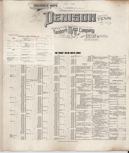 Sanborn Fire Insurance Map from Denison, Grayson County, Texas (1949), Sheet #0001 - Historic Sanborn Fire Insurance Map Print, vintage old map wall art, antique decor, genealogy gift, Texas Texas map