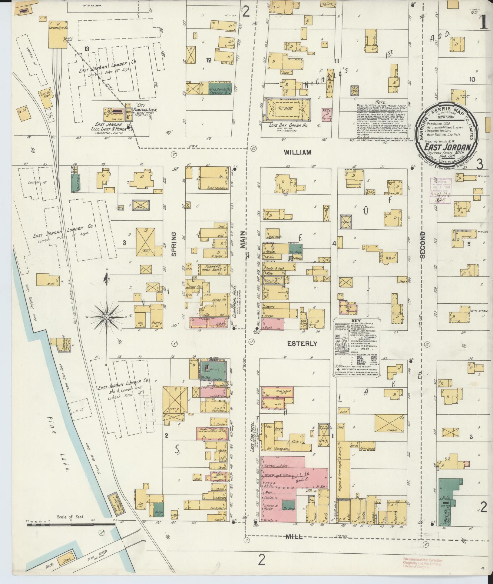 Sanborn Fire Insurance Map from East Jordan, Charlevoix County, Michigan (1901), Sheet #0001 - Historic Sanborn Fire Insurance Map Print, vintage old map wall art, antique decor, genealogy gift, Michigan Michigan map