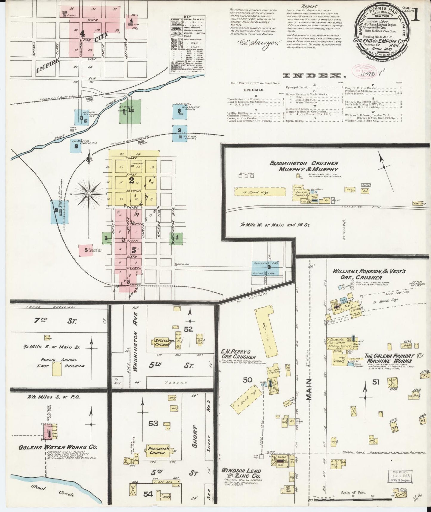 Sanborn Fire Insurance Map from Galena, Cherokee County, Kansas (1890), Sheet #0001 - Historic Sanborn Fire Insurance Map Print, vintage old map wall art, antique decor, genealogy gift, Kansas Kansas map