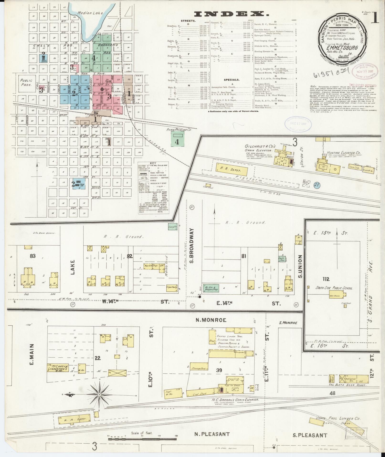 Sanborn Fire Insurance Map from Emmetsburg, Palo Alto County, Iowa (1897), Sheet #0001 - Historic Sanborn Fire Insurance Map Print, vintage old map wall art