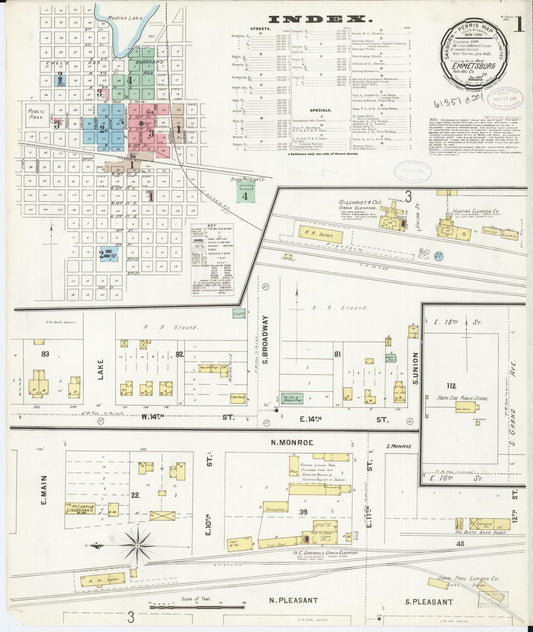 Sanborn Fire Insurance Map from Emmetsburg, Palo Alto County, Iowa (1897), Sheet #0001 - Historic Sanborn Fire Insurance Map Print, vintage old map wall art