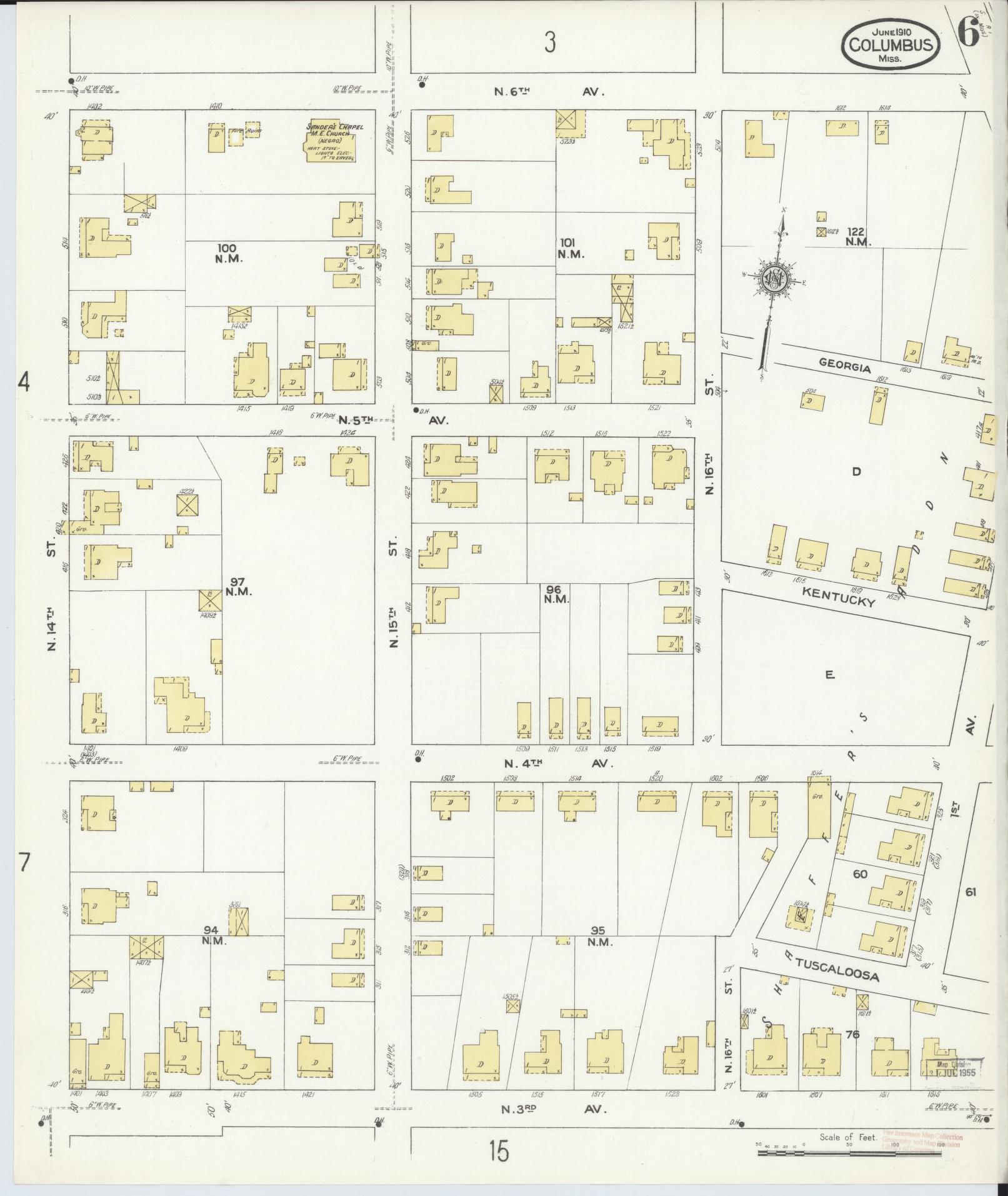 Sanborn Fire Insurance Map from Columbus, Lowndes County, Mississippi (1910), Sheet #0006 - Historic Sanborn Fire Insurance Map Print, vintage old map wall art, antique decor, genealogy gift, Mississippi Mississippi map