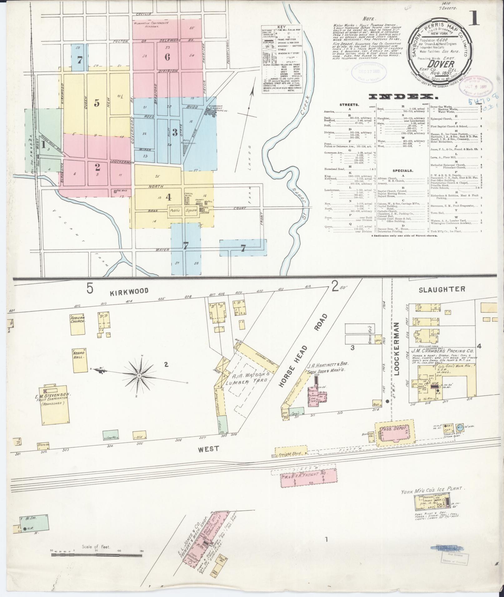 Sanborn Fire Insurance Map from Dover, Kent County, Delaware (1897), Sheet #0001 - Historic Sanborn Fire Insurance Map Print, vintage old map wall art, antique decor, genealogy gift, Delaware Delaware map