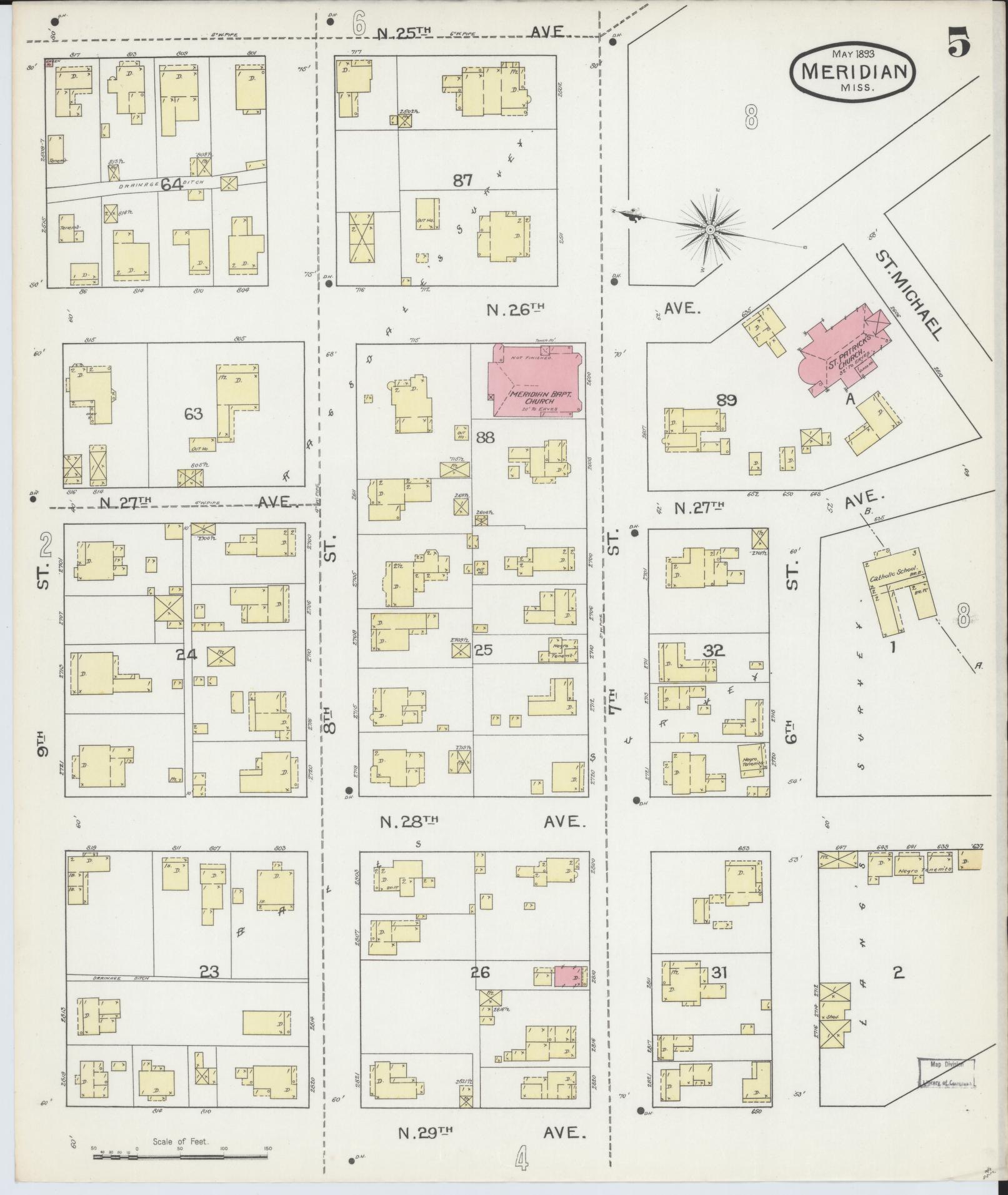Sanborn Fire Insurance Map from Meridian, Lauderdale County, Mississippi (1893), Sheet #0005 - Complete Map Set gallery image, historic Sanborn map, vintage wall art, Mississippi Mississippi