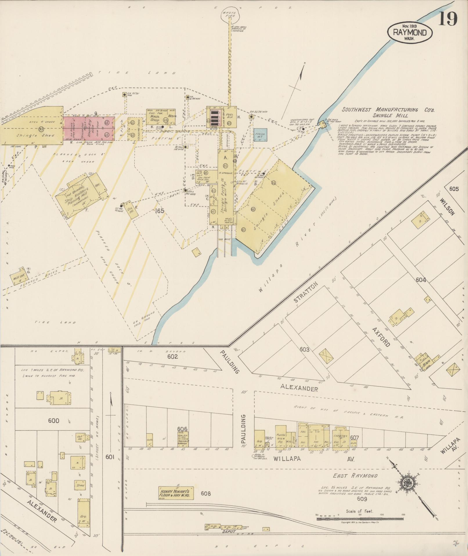 Sanborn Fire Insurance Map from Raymond, Pacific County, Washington (1919), Sheet #0019 - Historic Sanborn Fire Insurance Map Print, vintage old map wall art, antique decor, genealogy gift, Washington Washington map