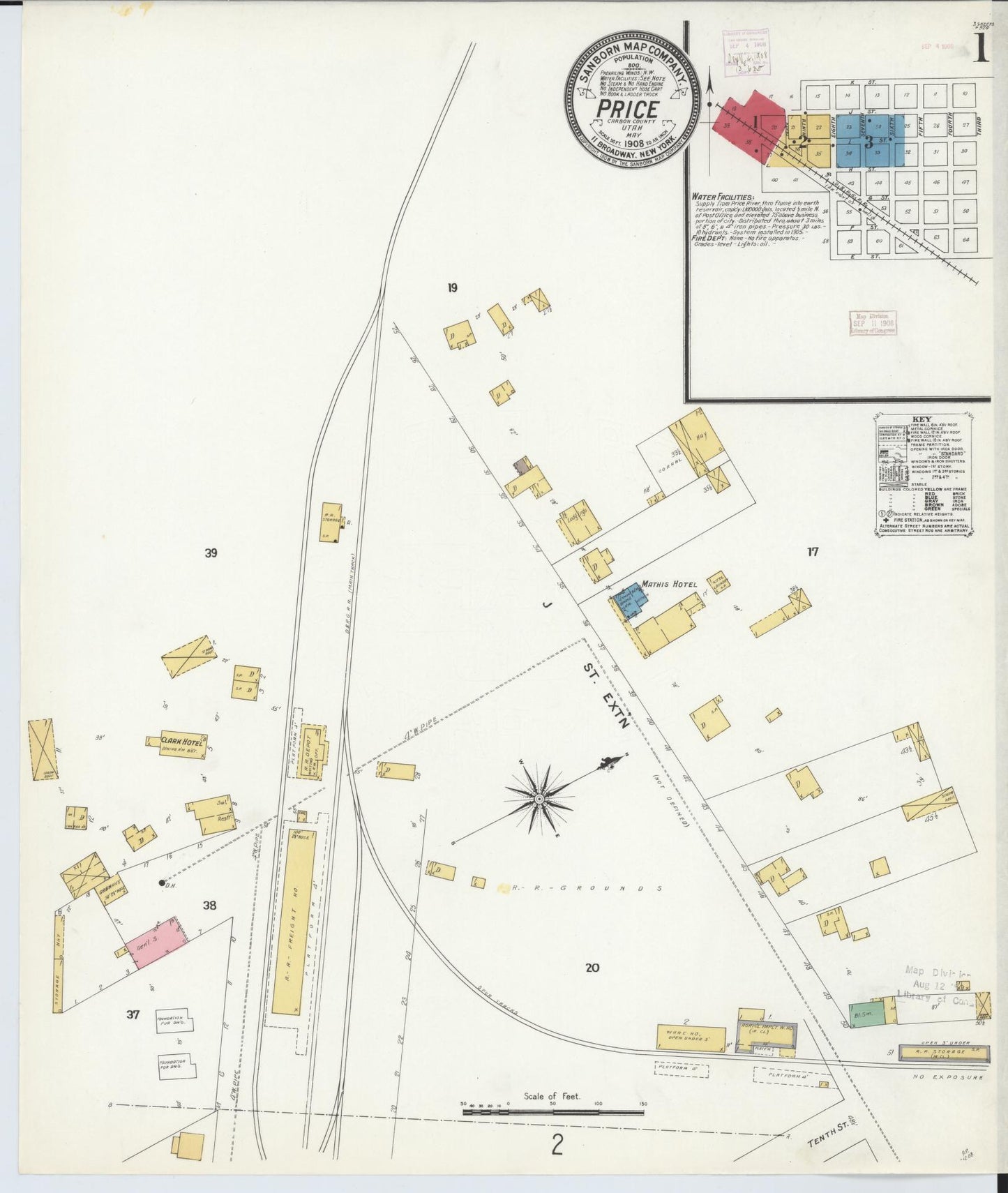 Sanborn Fire Insurance Map from Price, Carbon County, Utah (1908), Sheet #0001 - Complete Map Set gallery image, historic Sanborn map, vintage wall art, Utah Utah