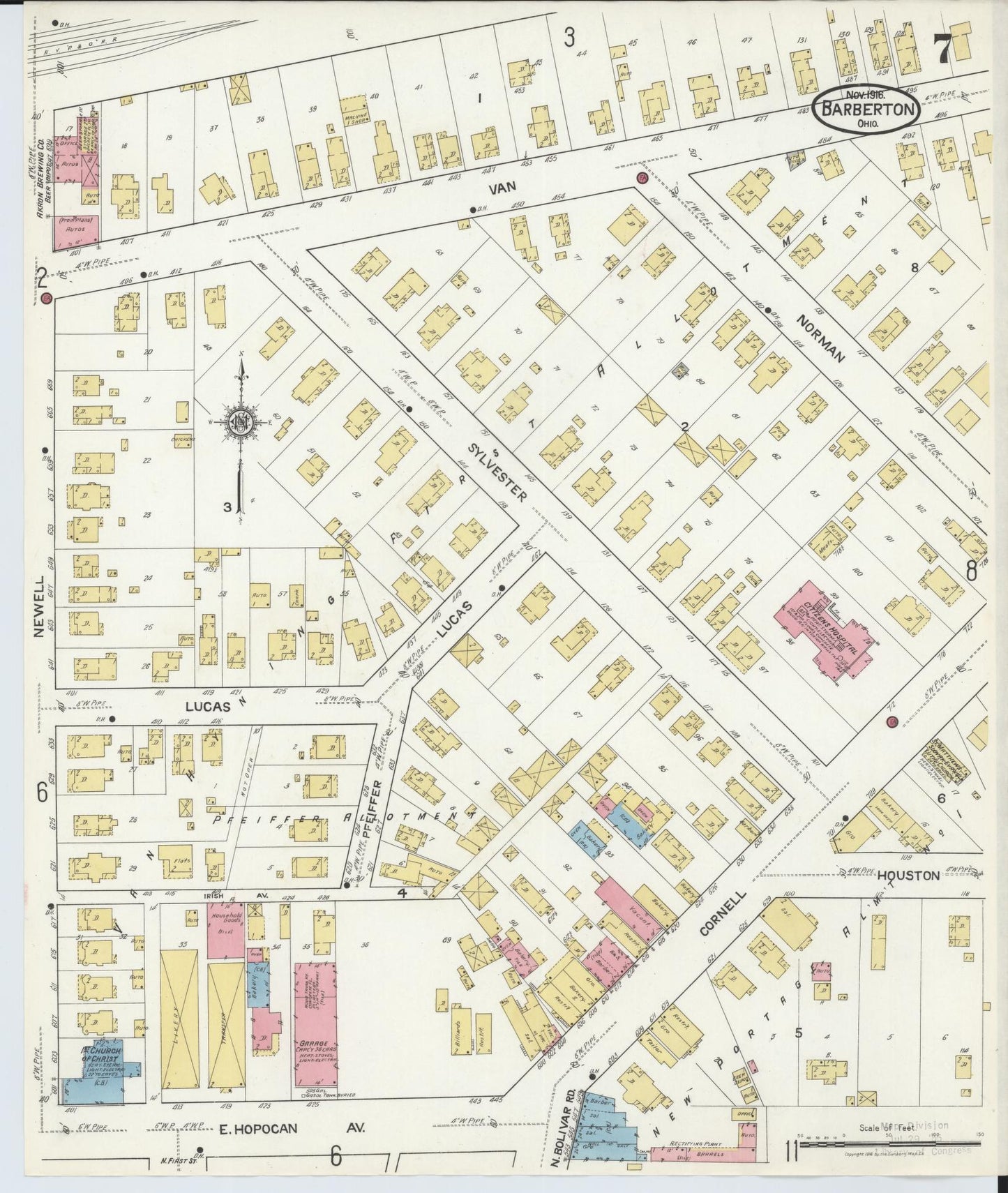 Sanborn Fire Insurance Map from Barberton, Summit County, Ohio (1916), Sheet #0007 - Historic Sanborn Fire Insurance Map Print, vintage old map wall art, antique decor, genealogy gift, Ohio Ohio map