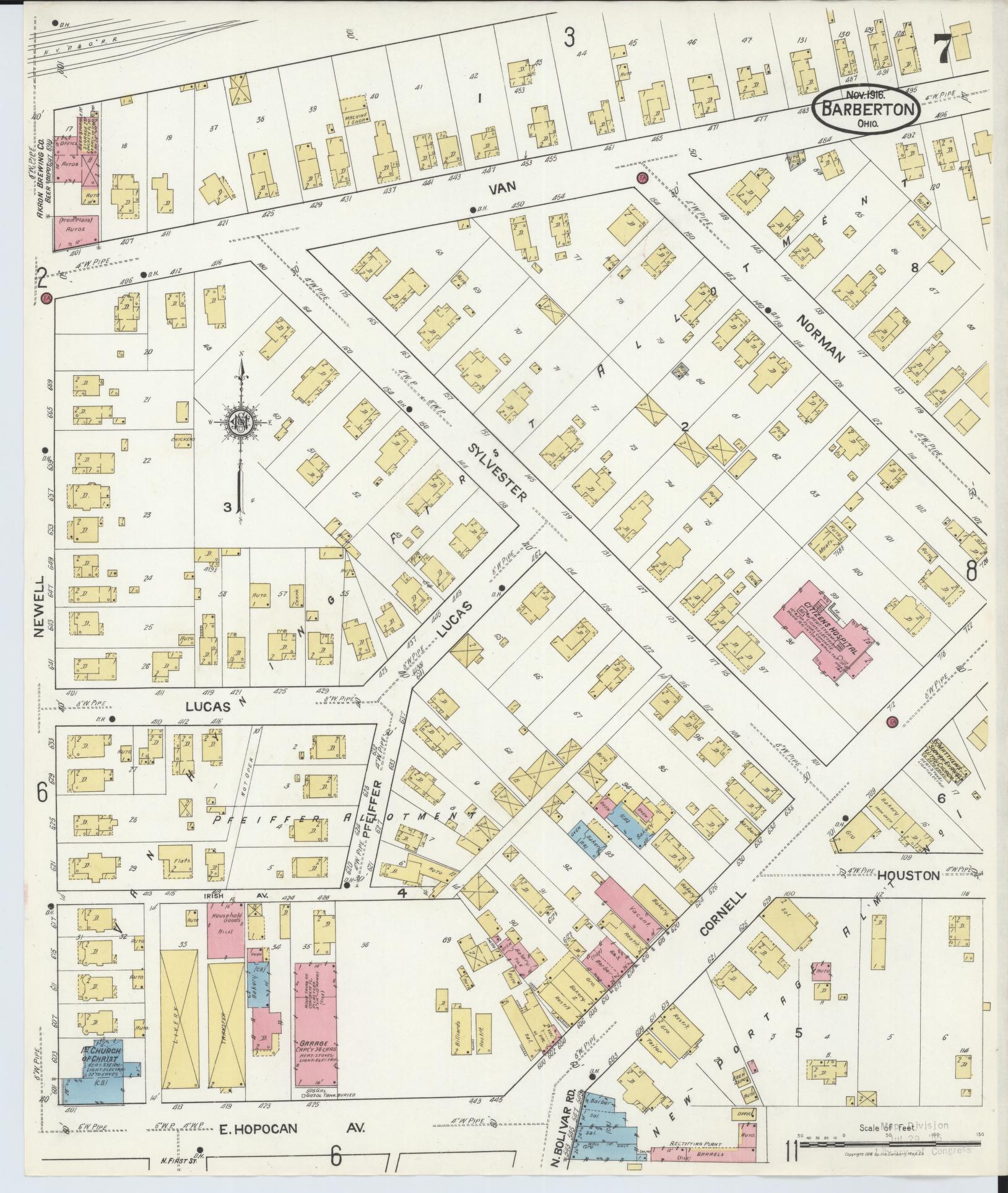 Sanborn Fire Insurance Map from Barberton, Summit County, Ohio (1916), Sheet #0007 - Historic Sanborn Fire Insurance Map Print, vintage old map wall art, antique decor, genealogy gift, Ohio Ohio map