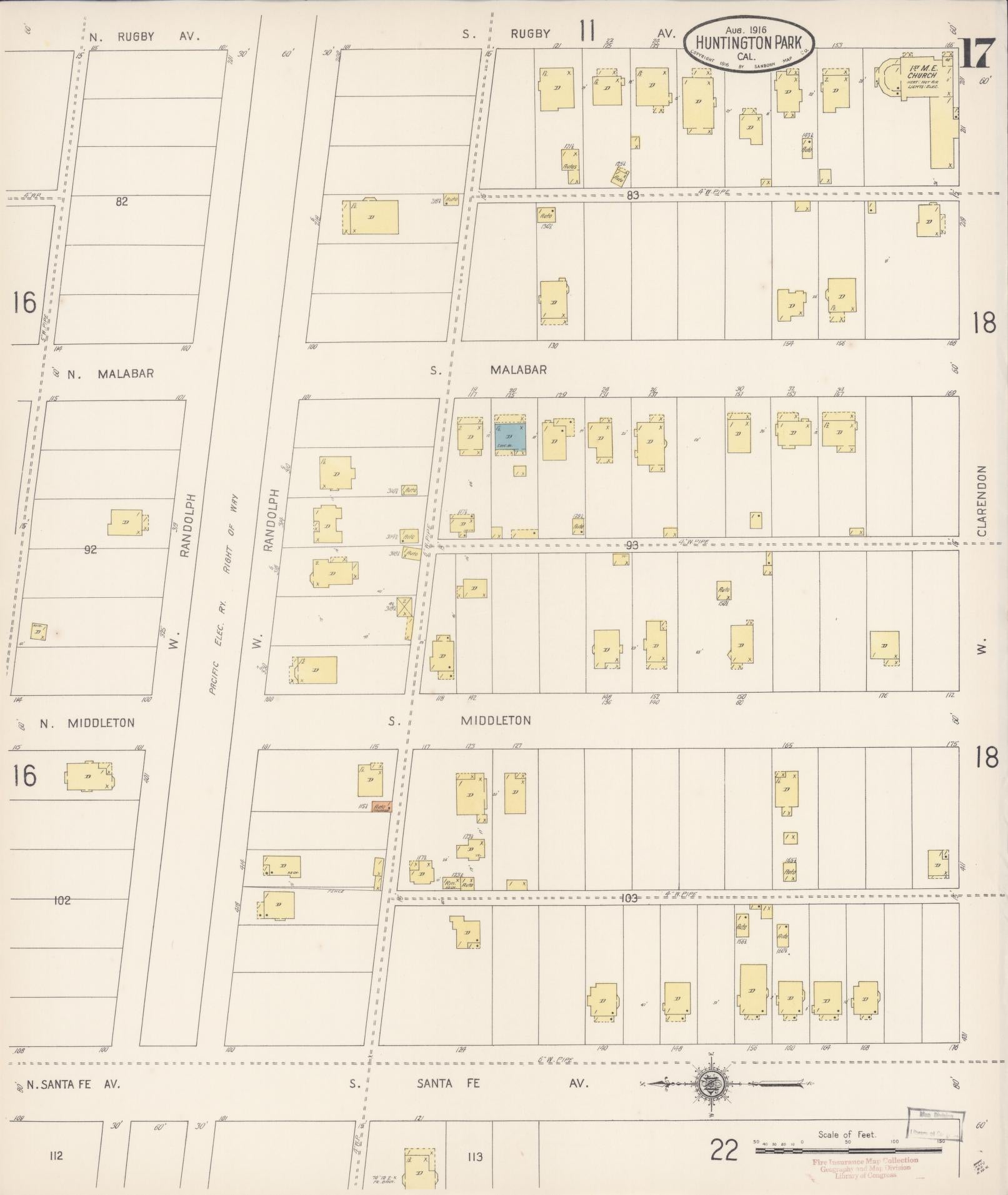 Sanborn Fire Insurance Map from Huntington Park, Los Angeles County, California (1916), Sheet #0017 - Historic Sanborn Fire Insurance Map Print, vintage old map wall art, antique decor, genealogy gift, California California map