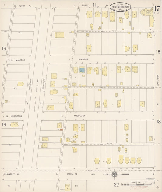 Sanborn Fire Insurance Map from Huntington Park, Los Angeles County, California (1916), Sheet #0017 - Historic Sanborn Fire Insurance Map Print, vintage old map wall art, antique decor, genealogy gift, California California map