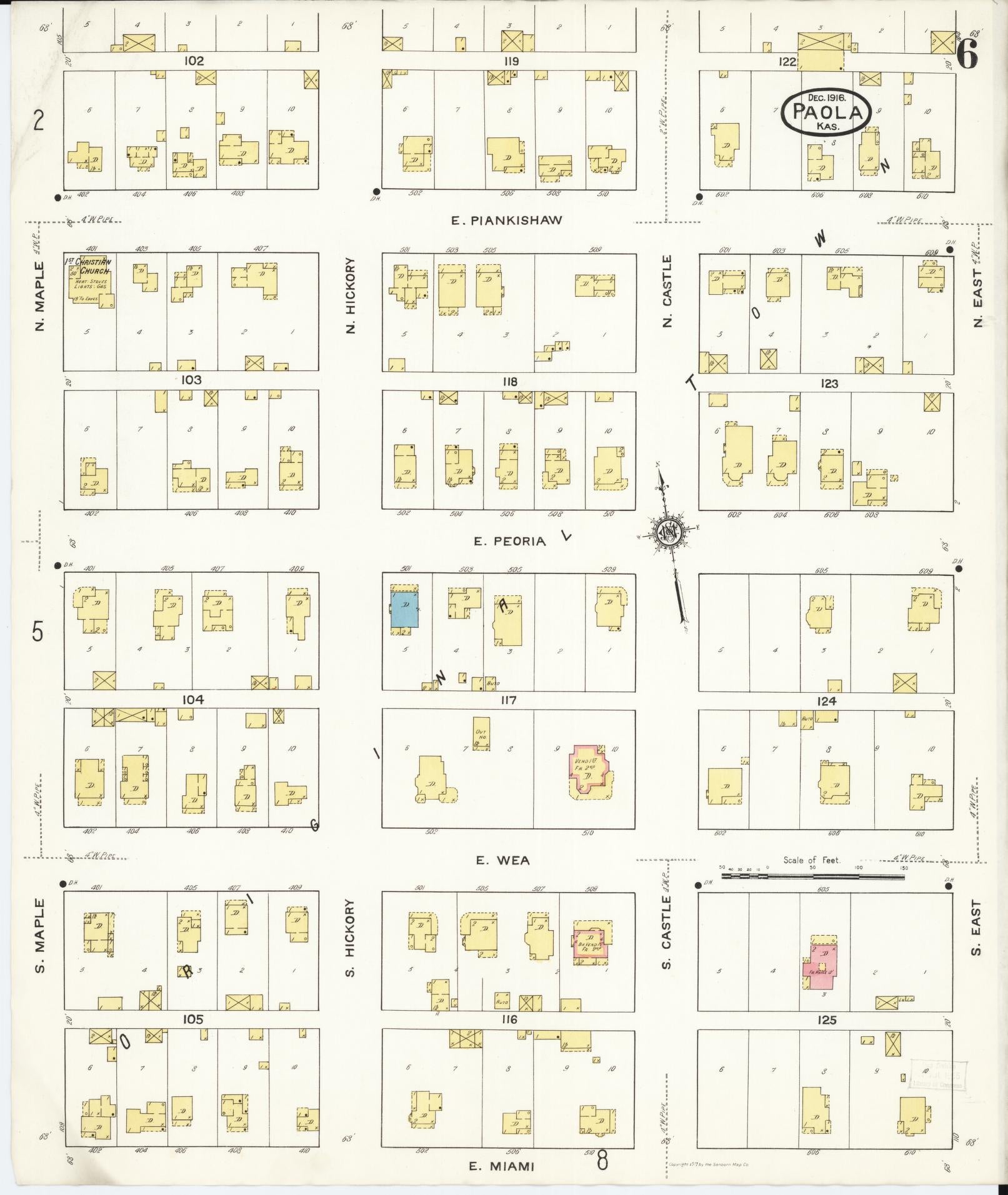 Sanborn Fire Insurance Map from Paola, Miami County, Kansas (1916), Sheet #0006 - Complete Map Set gallery image, historic Sanborn map, vintage wall art, Kansas Kansas