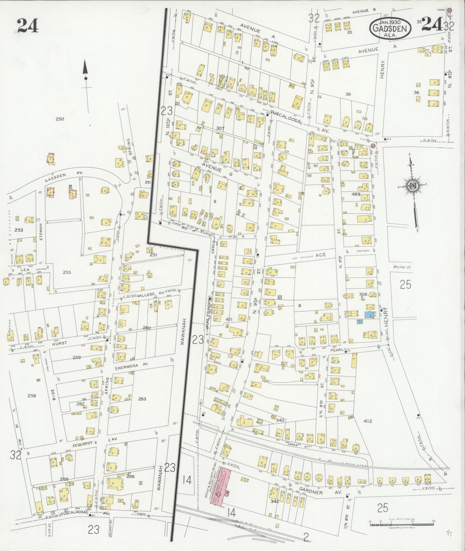 Sanborn Fire Insurance Map from Gadsden, Etowah County, Alabama (1930), Sheet #0024 - Historic Sanborn Fire Insurance Map Print, vintage old map wall art, antique decor, genealogy gift, Alabama Alabama map