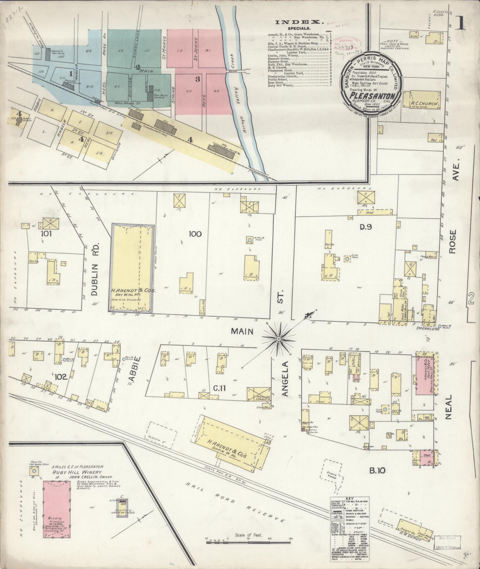 Sanborn Fire Insurance Map from Pleasanton, Alameda County, California (1893), Sheet #0001 - Complete Map Set gallery image, historic Sanborn map, vintage wall art, California California