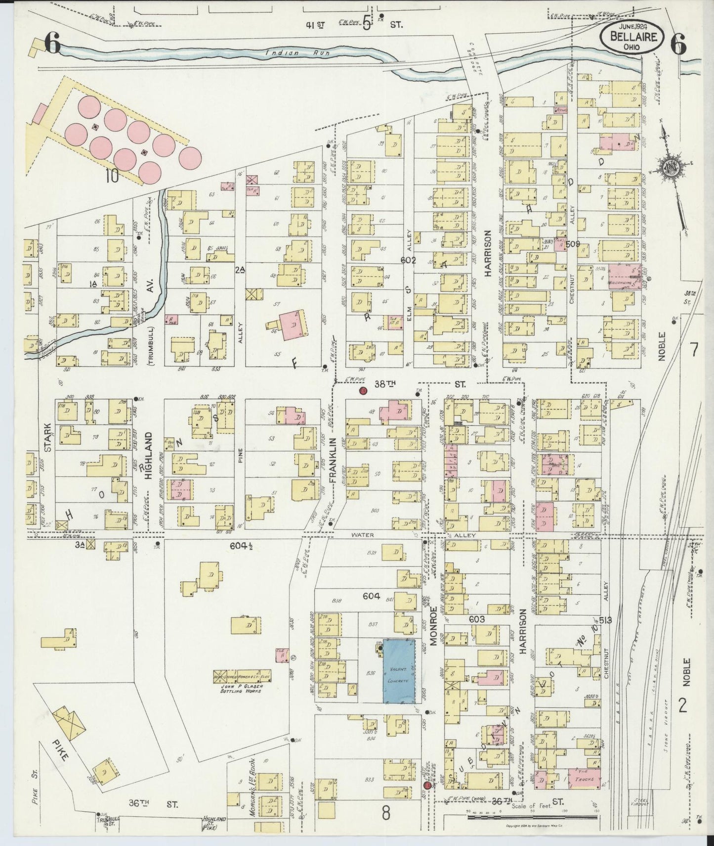 Sanborn Fire Insurance Map from Bellaire, Belmont County, Ohio (1924), Sheet #0006 - Historic Sanborn Fire Insurance Map Print, vintage old map wall art, antique decor, genealogy gift, Ohio Ohio map
