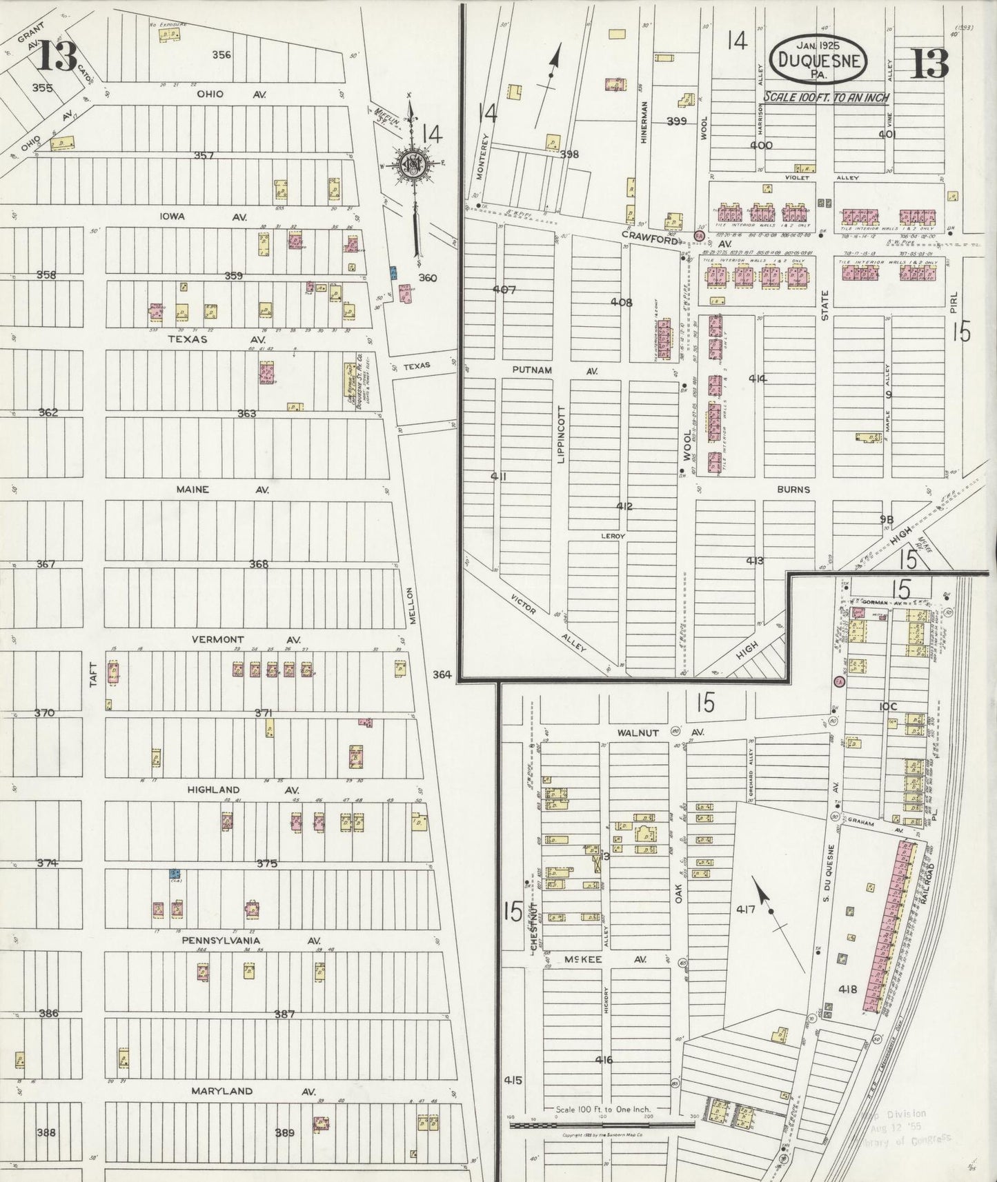 Sanborn Fire Insurance Map from Duquesne, Allegheny County, Pennsylvania (1925), Sheet #0013 - Historic Sanborn Fire Insurance Map Print, vintage old map wall art, antique decor, genealogy gift, Pennsylvania Pennsylvania map