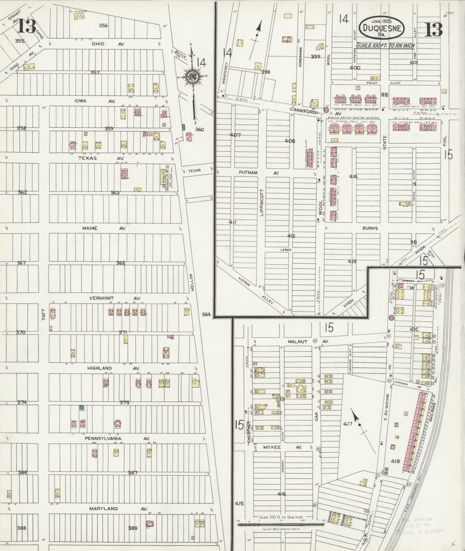 Sanborn Fire Insurance Map from Duquesne, Allegheny County, Pennsylvania (1925), Sheet #0013 - Historic Sanborn Fire Insurance Map Print, vintage old map wall art, antique decor, genealogy gift, Pennsylvania Pennsylvania map