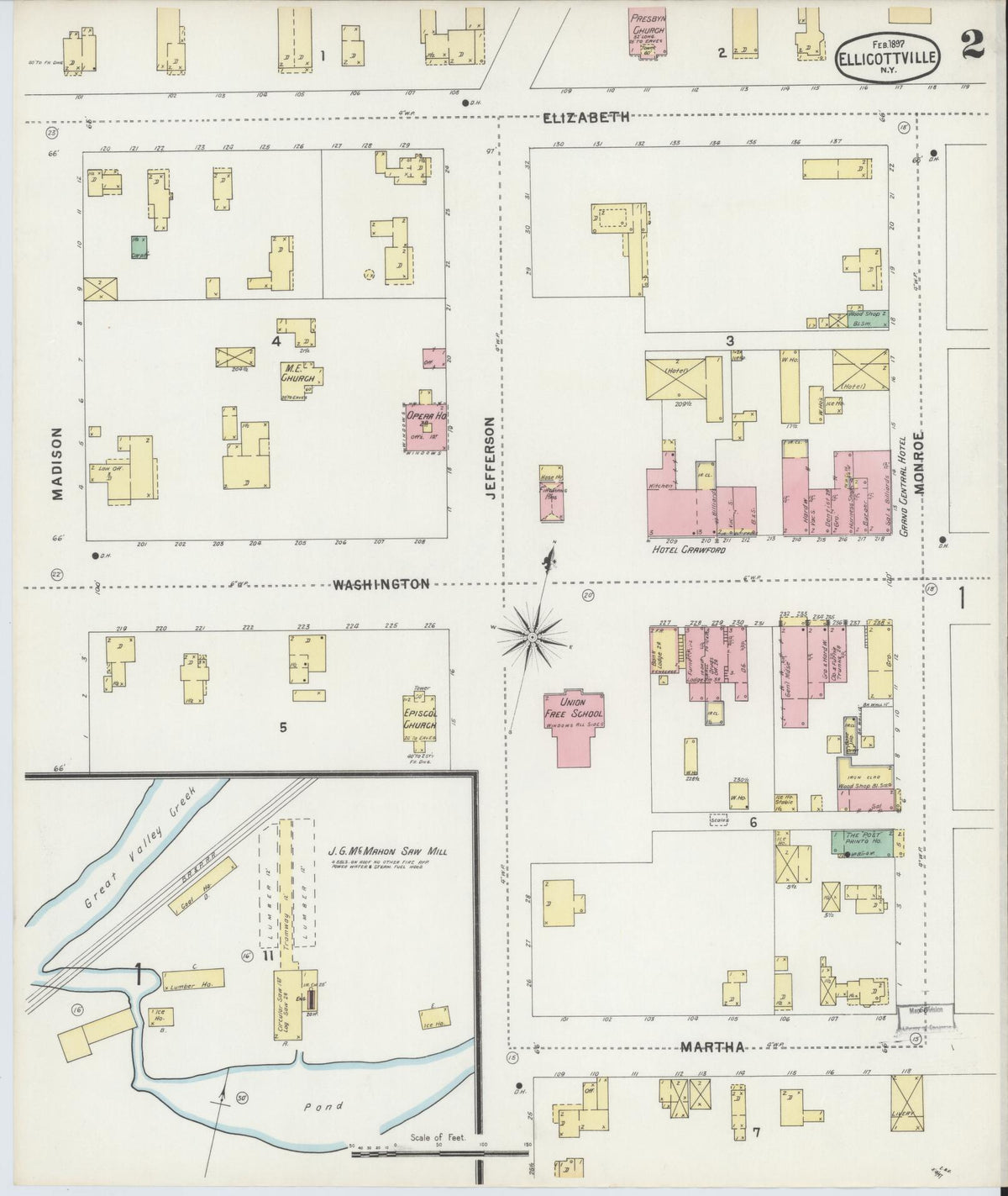 Sanborn Fire Insurance Map from Ellicottville, Cattaraugus County, New York (1897), Sheet #0002 - Historic Sanborn Fire Insurance Map Print, vintage old map wall art, antique decor, genealogy gift, New York New York map