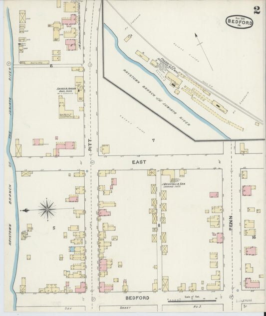 Sanborn Fire Insurance Map from Bedford, Bedford County, Pennsylvania (1891), Sheet #0002 - Historic Sanborn Fire Insurance Map Print, vintage old map wall art, antique decor, genealogy gift, Pennsylvania Pennsylvania map