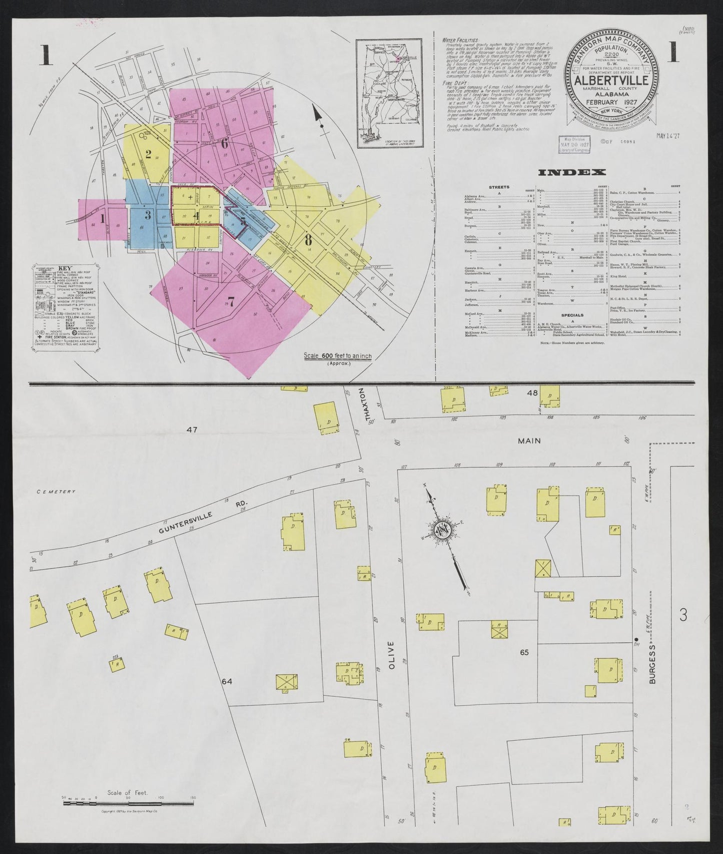 Sanborn Fire Insurance Map from Albertville, Marshall County, Alabama (1927), Sheet #0001 - Complete Map Set gallery image, historic Sanborn map, vintage wall art, Alabama Alabama