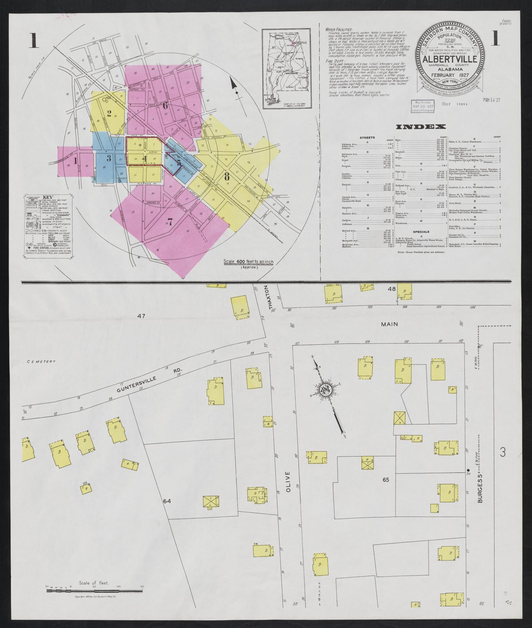 Sanborn Fire Insurance Map from Albertville, Marshall County, Alabama (1927), Sheet #0001 - Complete Map Set gallery image, historic Sanborn map, vintage wall art, Alabama Alabama