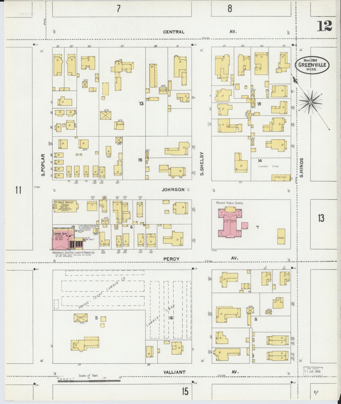 Sanborn Fire Insurance Map from Greenville, Washington County, Mississippi (1905), Sheet #0012 - Complete Map Set gallery image, historic Sanborn map, vintage wall art, Mississippi Mississippi