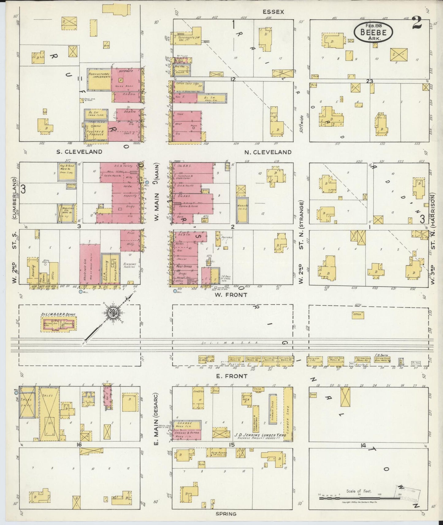 Sanborn Fire Insurance Map from Beebe, White County, Arkansas (1918), Sheet #0002 - Historic Sanborn Fire Insurance Map Print, vintage old map wall art, antique decor, genealogy gift, Arkansas Arkansas map