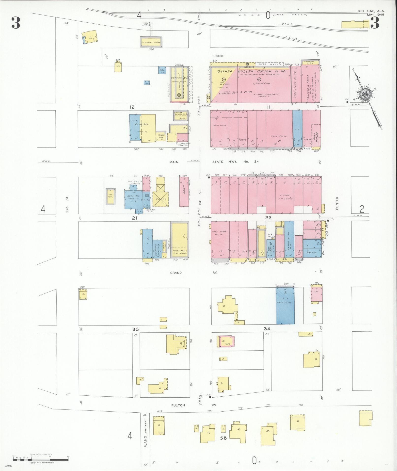 Sanborn Fire Insurance Map from Red Bay, Franklin County, Alabama (1949), Sheet #0003 - Historic Sanborn Fire Insurance Map Print, vintage old map wall art, antique decor, genealogy gift, Alabama Alabama map