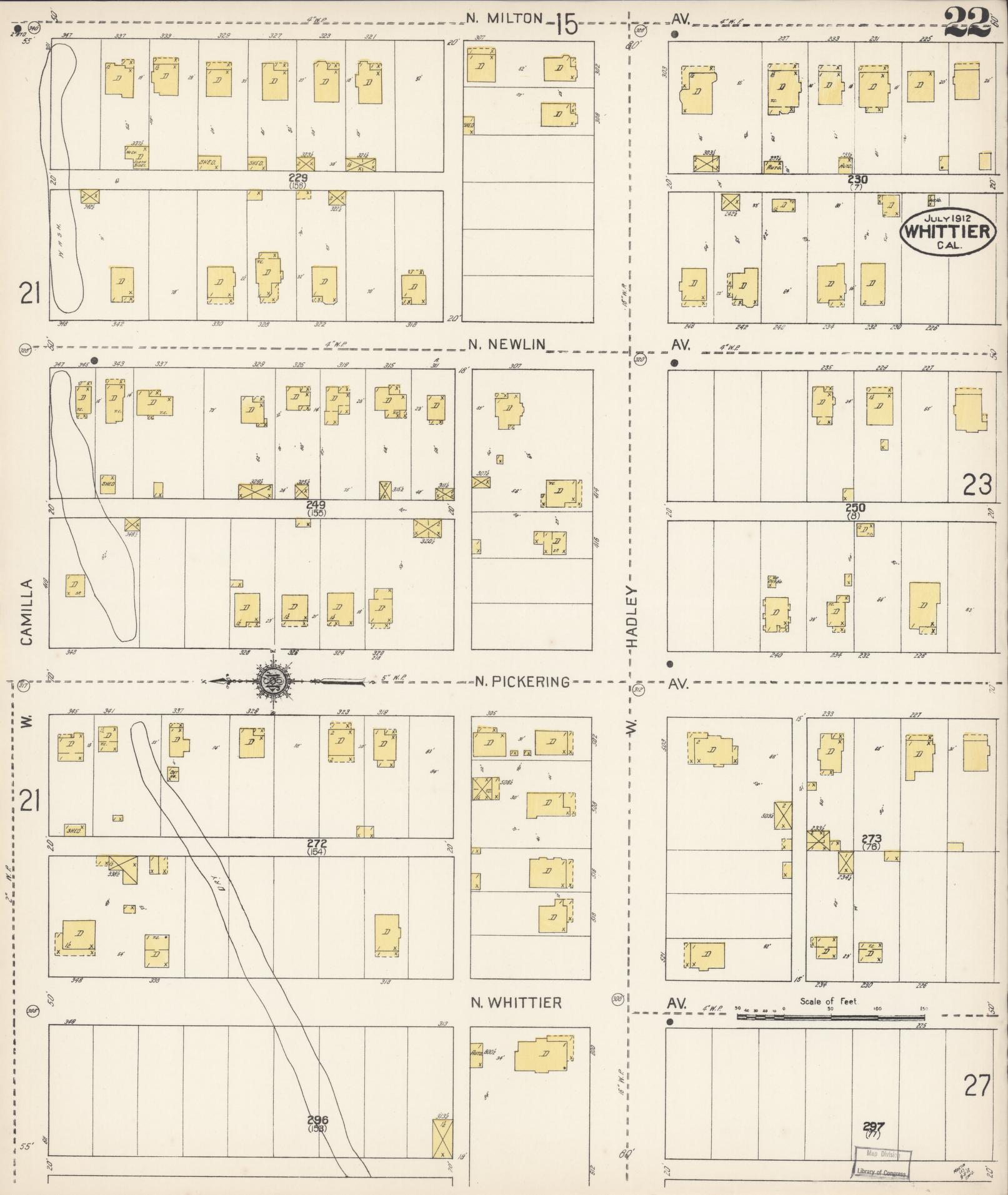 Sanborn Fire Insurance Map from Whittier, Los Angeles County, California (1912), Sheet #0022 - Complete Map Set gallery image, historic Sanborn map, vintage wall art, California California