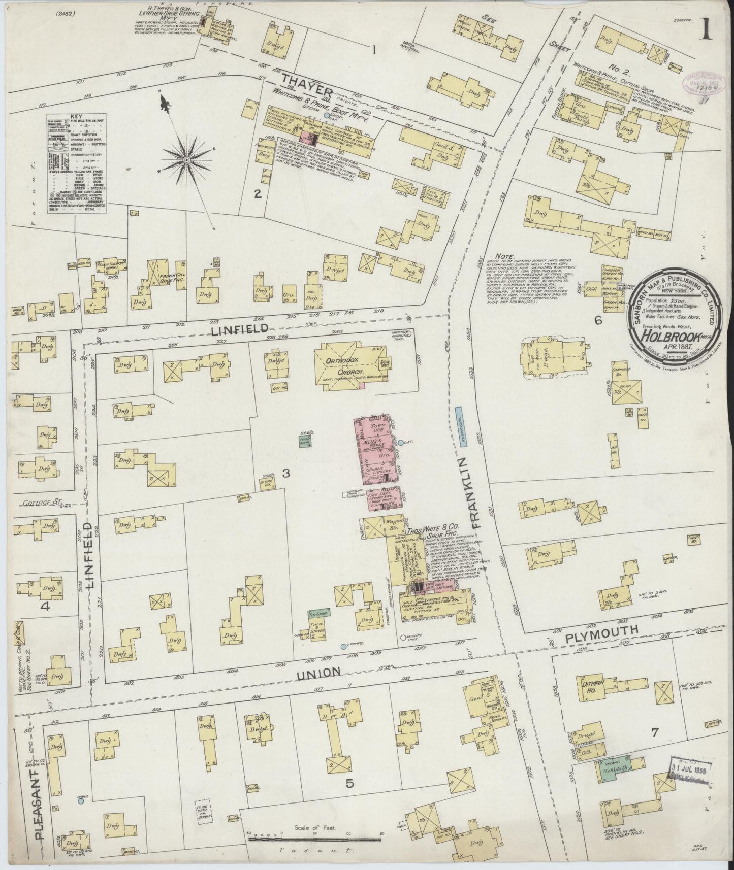 Sanborn Fire Insurance Map from Holbrook, Norfolk County, Massachusetts (1887), Sheet #0001 - Historic Sanborn Fire Insurance Map Print, vintage old map wall art, antique decor, genealogy gift, Massachusetts Massachusetts map