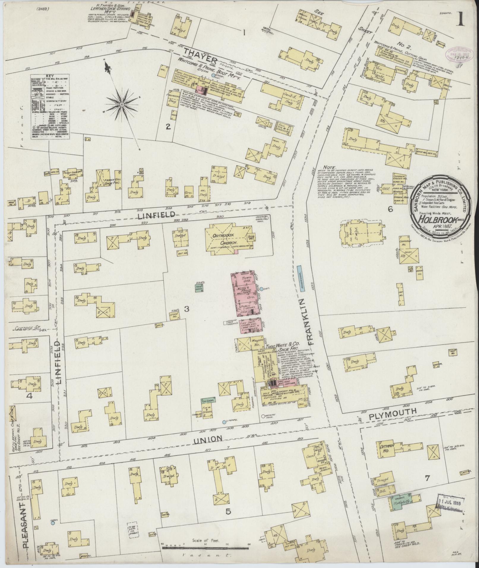Sanborn Fire Insurance Map from Holbrook, Norfolk County, Massachusetts (1887), Sheet #0001 - Historic Sanborn Fire Insurance Map Print, vintage old map wall art, antique decor, genealogy gift, Massachusetts Massachusetts map