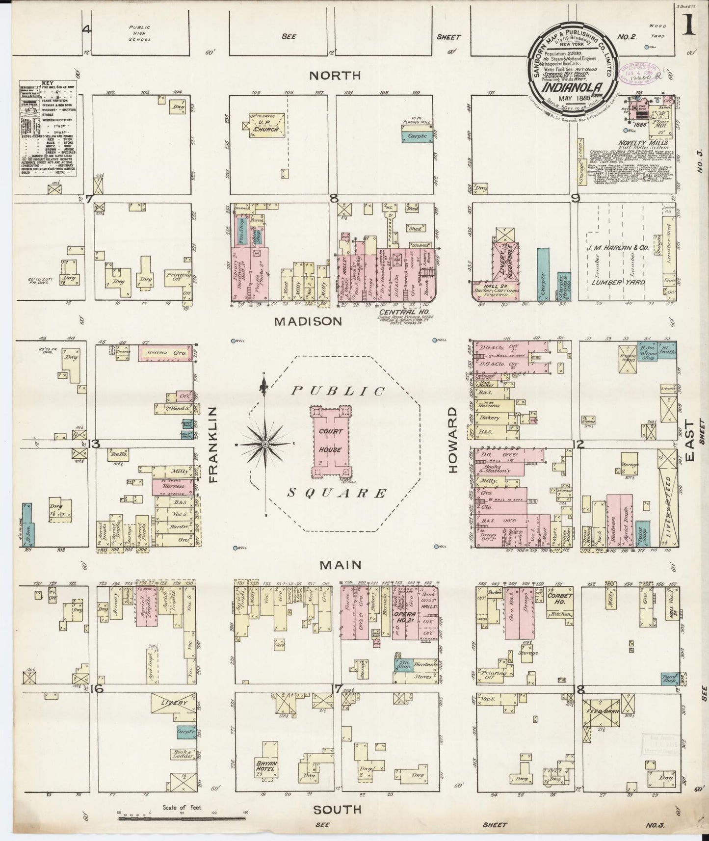 Sanborn Fire Insurance Map from Indianola, Warren County, Iowa (1886), Sheet #0001 - Historic Sanborn Fire Insurance Map Print, vintage old map wall art