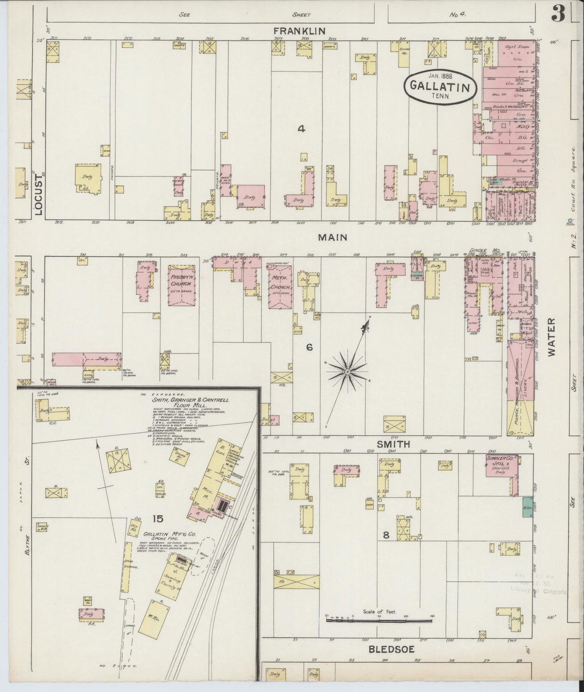 Sanborn Fire Insurance Map from Gallatin, Sumner County, Tennessee (1888), Sheet #0003 - Complete Map Set gallery image, historic Sanborn map, vintage wall art, Tennessee Tennessee