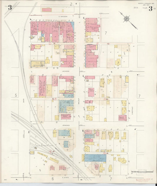 Sanborn Fire Insurance Map from North Vernon, Jennings County, Indiana (1943), Sheet #0003 - Historic Sanborn Fire Insurance Map Print, vintage old map wall art, antique decor, genealogy gift, Indiana Indiana map