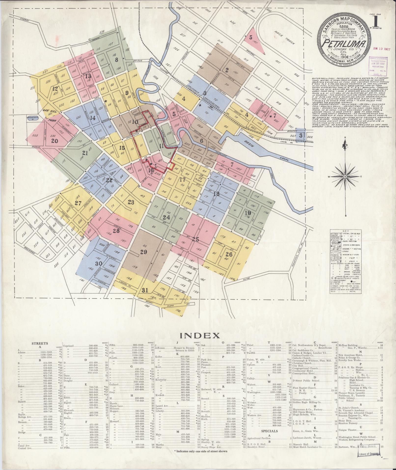 Sanborn Fire Insurance Map from Petaluma, Sonoma County, California (1906), Sheet #0001 - Complete Map Set gallery image, historic Sanborn map, vintage wall art, California California