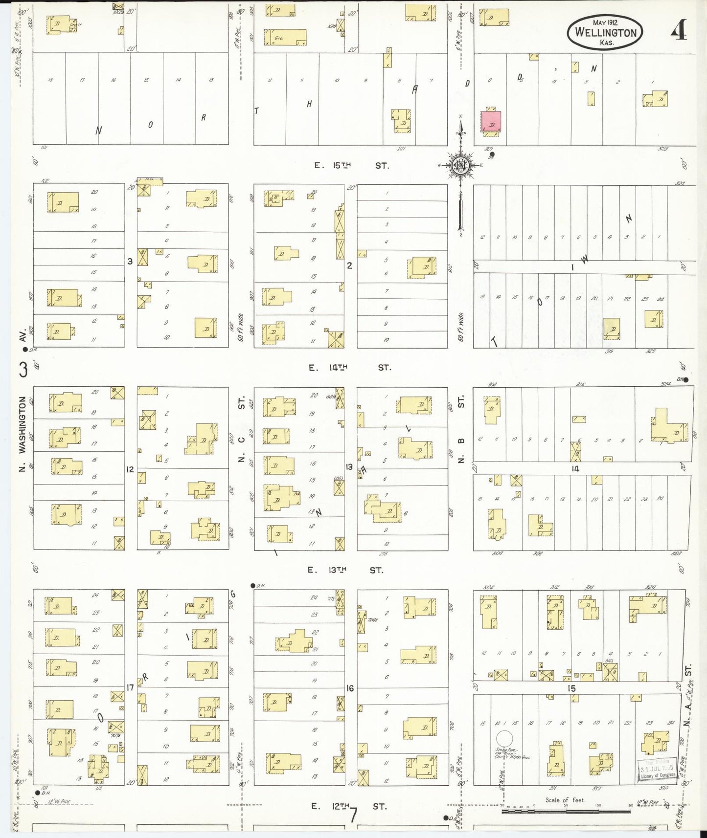 Sanborn Fire Insurance Map from Wellington, Sumner County, Kansas (1912), Sheet #0004 - Historic Sanborn Fire Insurance Map Print, vintage old map wall art, antique decor, genealogy gift, Kansas Kansas map