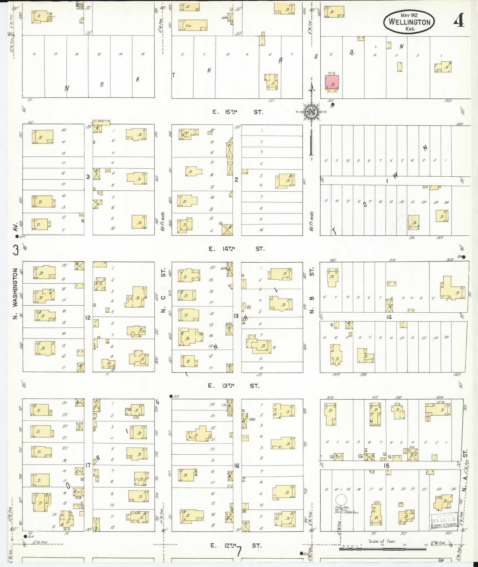 Sanborn Fire Insurance Map from Wellington, Sumner County, Kansas (1912), Sheet #0004 - Historic Sanborn Fire Insurance Map Print, vintage old map wall art, antique decor, genealogy gift, Kansas Kansas map