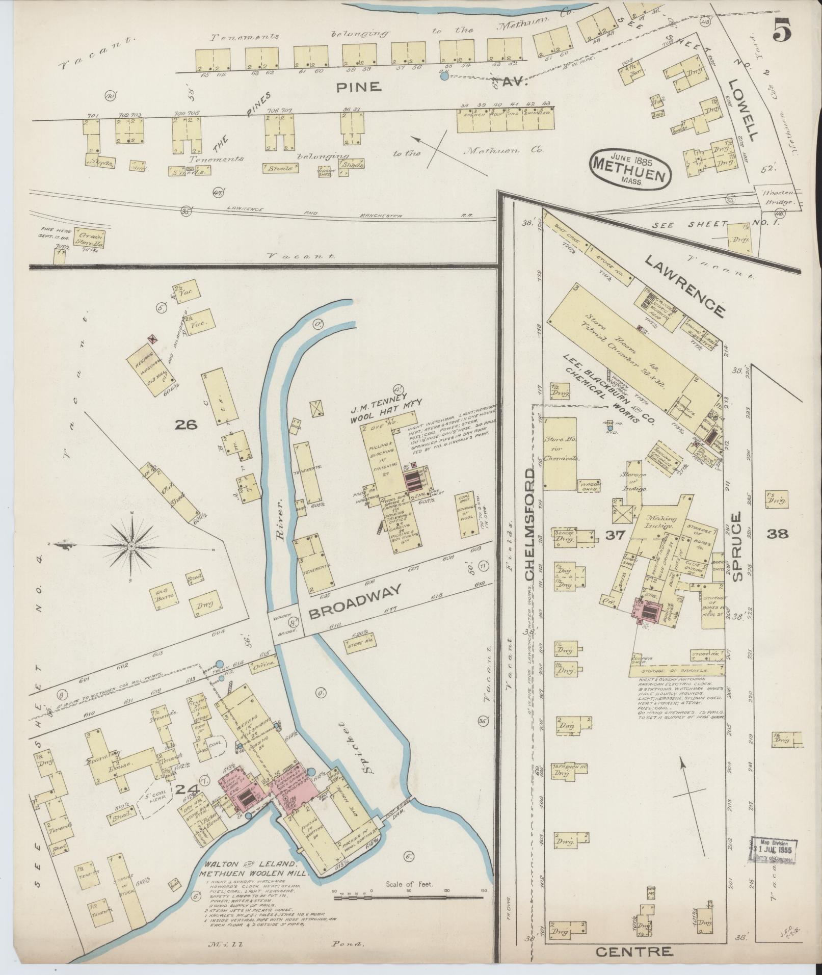 Sanborn Fire Insurance Map from Methuen, Essex County, Massachusetts (1885), Sheet #0005 - Historic Sanborn Fire Insurance Map Print, vintage old map wall art, antique decor, genealogy gift, Massachusetts Massachusetts map