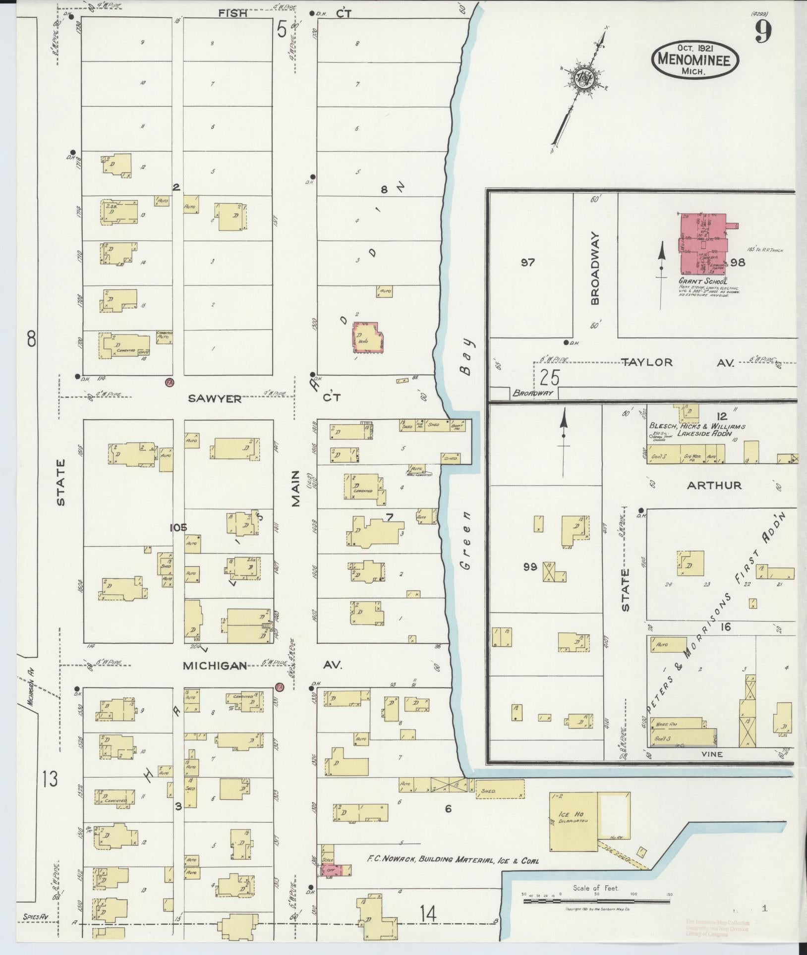 Sanborn Fire Insurance Map from Menominee, Menominee County, Michigan (1921), Sheet #0009 - Historic Sanborn Fire Insurance Map Print, vintage old map wall art, antique decor, genealogy gift, Michigan Michigan map