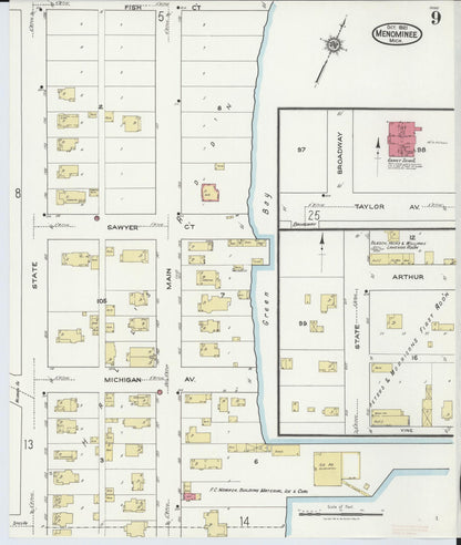 Sanborn Fire Insurance Map from Menominee, Menominee County, Michigan (1921), Sheet #0009 - Historic Sanborn Fire Insurance Map Print, vintage old map wall art, antique decor, genealogy gift, Michigan Michigan map